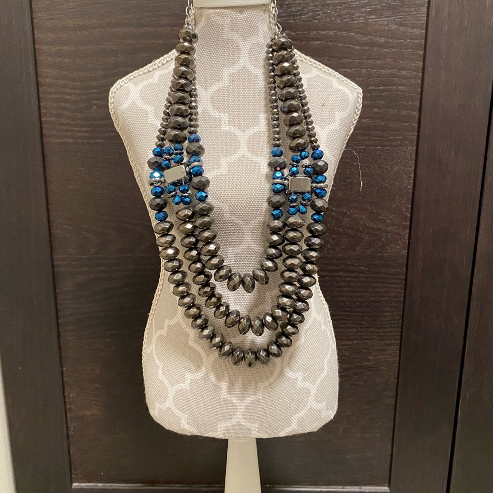 Elegant Blackish/Pewter and Blue Beaded Necklace